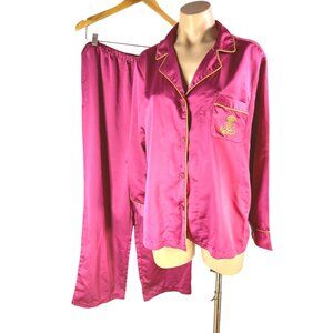 Lauren RLL Womens Crest Wine Red Pajamas Size L Gold Embroidered Monogram Glam